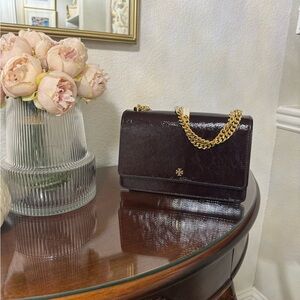 Tory Burch Deep Burgundy Shoulder Bag with Gold Chain